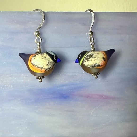 Handcrafted Glass Enamel Bird Earrings – Artisan Dangle Hand Painted 925 Silver - Picture 9 of 11